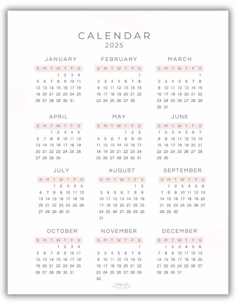 Yearly Calendar Printable- Pink Theme (Without holidays)
