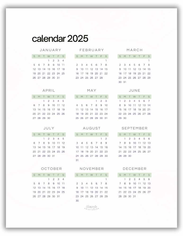 2025 Printable Full Year Calendar- Green Theme (Without holidays)
