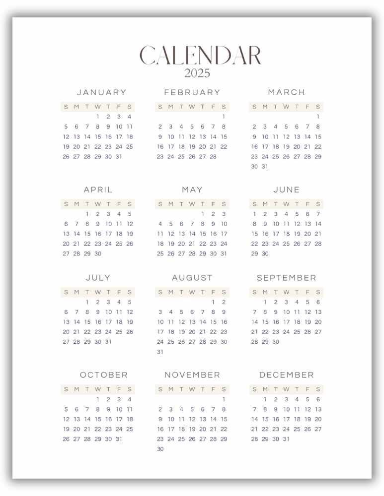 2025 Year Calendar Printable - Minimalist Neutral Style (without Holidays)