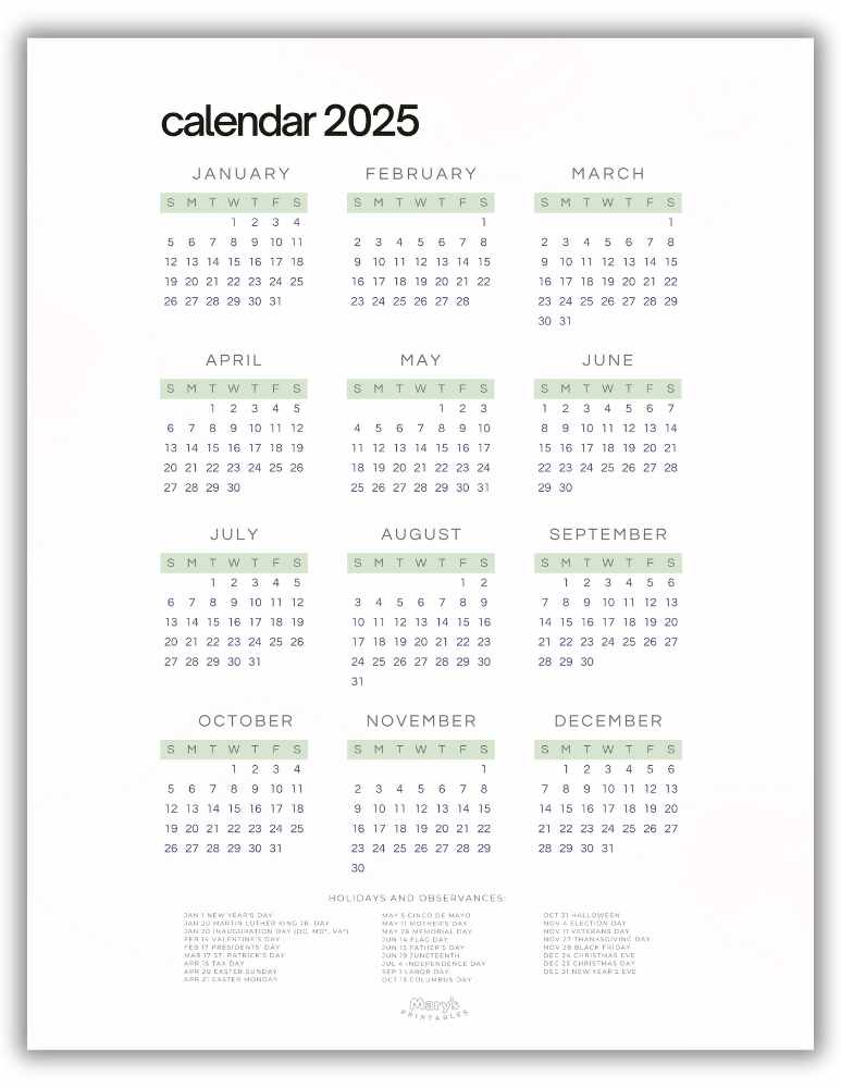 2025 Printable Full Year Calendar- Green Theme (With U.S. holidays)
