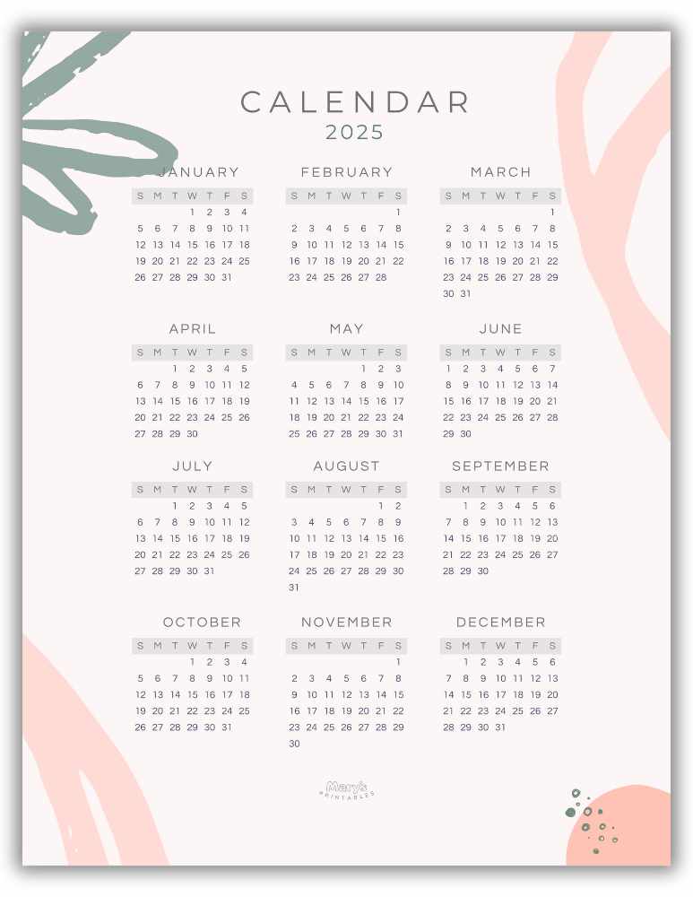 Printable Yearly Calendar for 2025 - Cute Pink and Green Theme (Without holidays)
