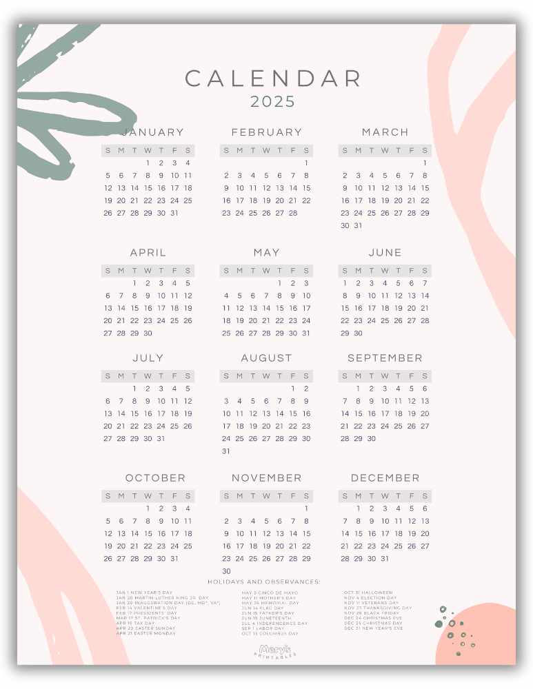 Yearly Calendar Printable - Pink and Green Theme (With U.S. holidays)
