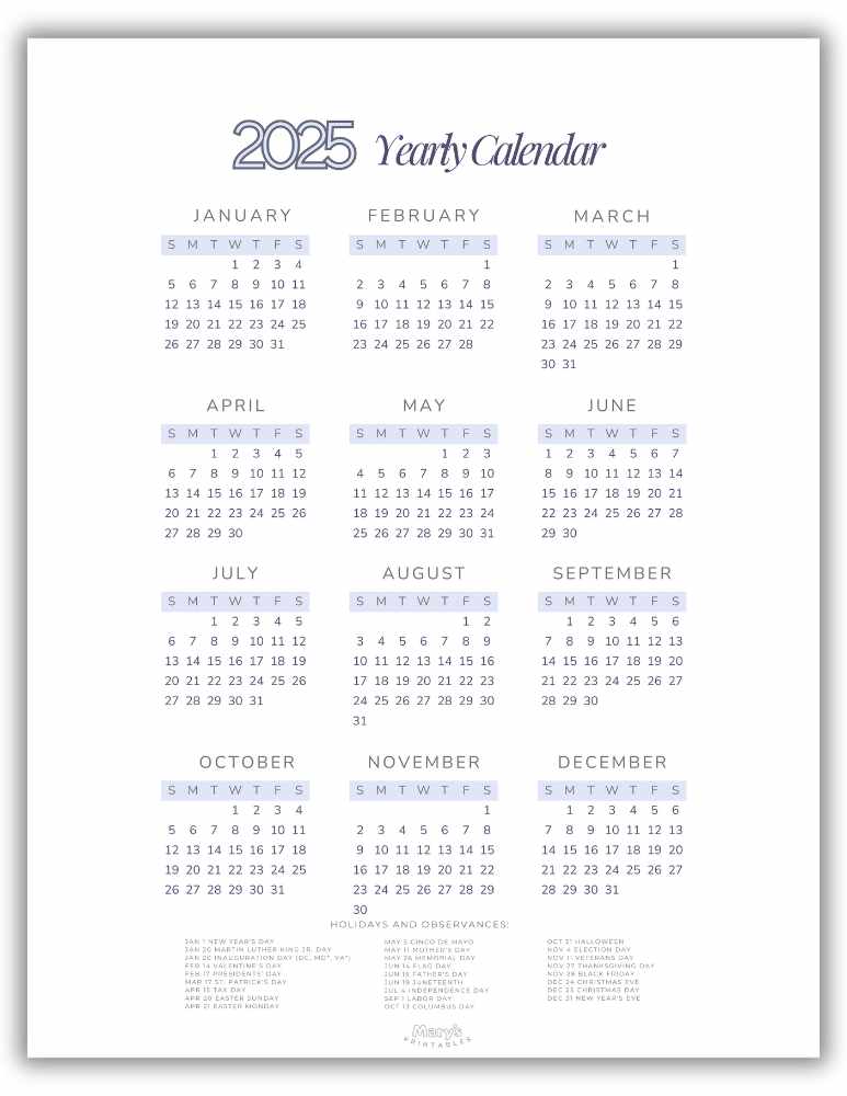 Printable 2025 Yearly Calendar - Blue Theme (With U.S. holidays)
