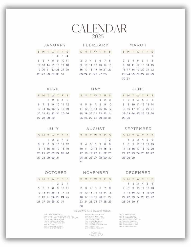 2025 Year Calendar Printable - Minimalist Neutral Style (With U.S. holidays)
