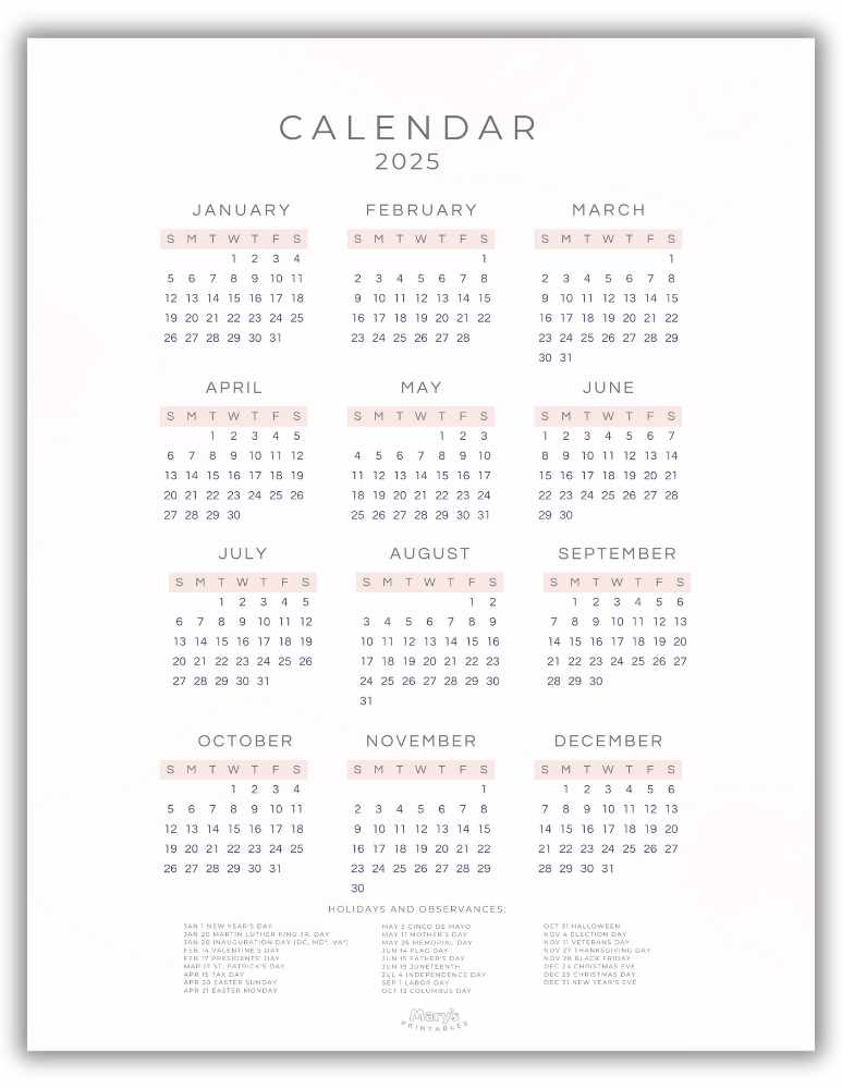 Printable Yearly Calendar for 2025- Pink Theme (With U.S. holidays)
