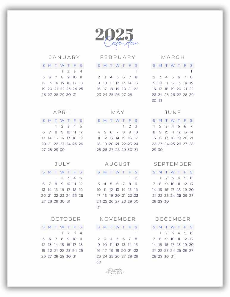 Printable Yearly Calendar 2025 - Classic Blue and Gray without Holidays