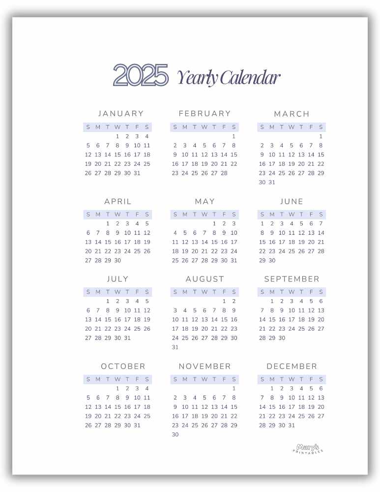 Printable 2025 Yearly Calendar - Blue Theme (Without holidays)
