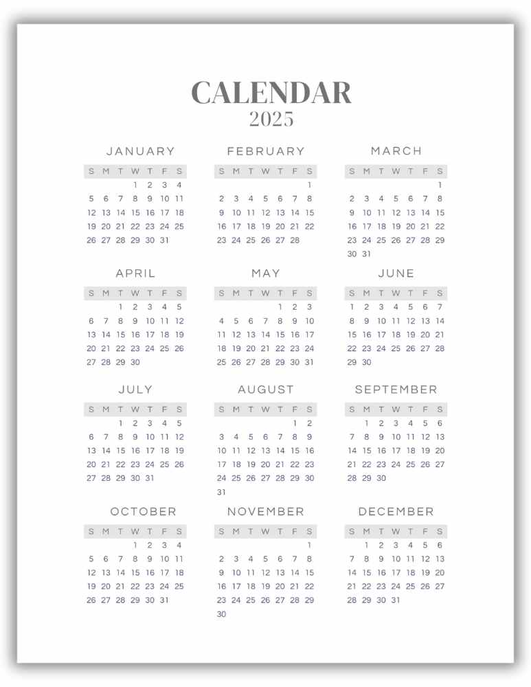 Printable Yearly Calendar 2025- Classic Gray Minimalist Style (Without holidays)
