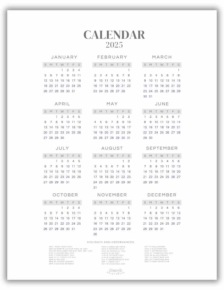 Printable Yearly Calendar 2025 - Minimalist Gray Style (With U.S. holidays)
