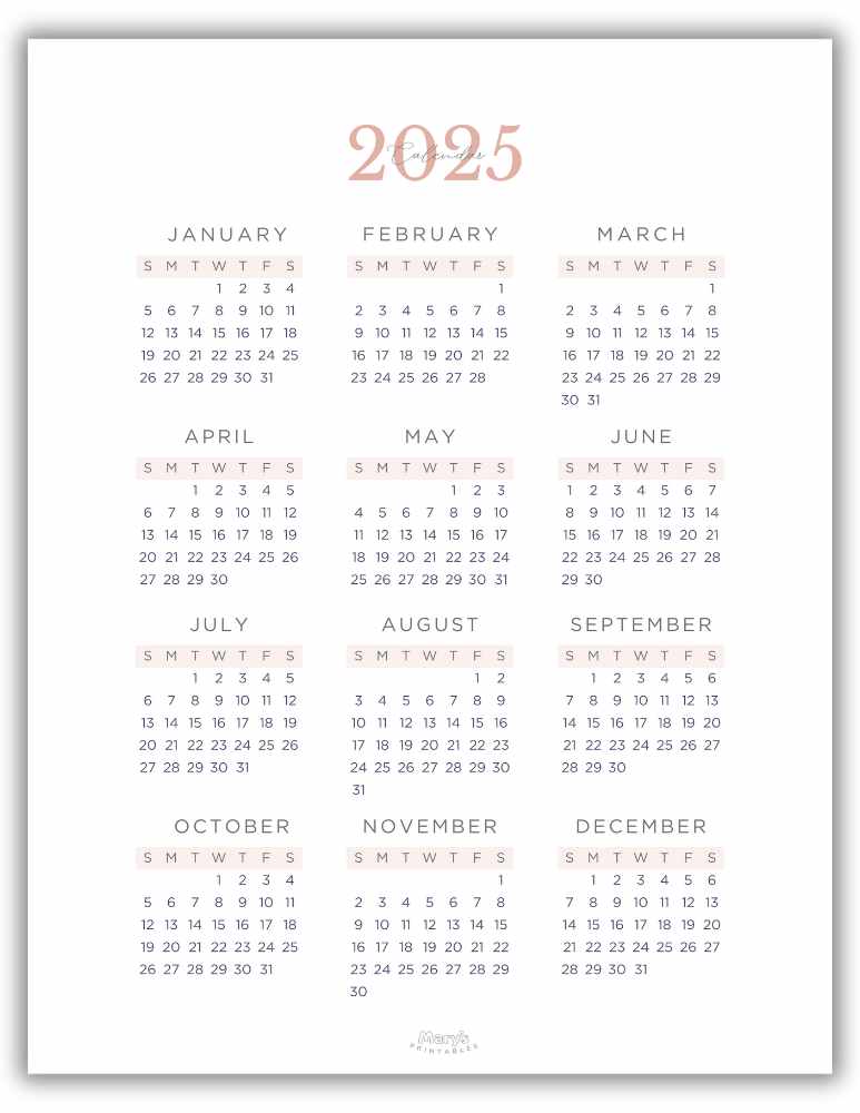 Yearly Calendar Printable- Peach Theme (Without holidays)
