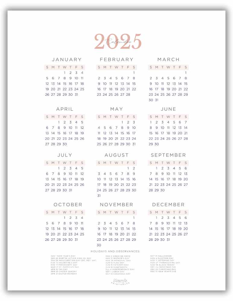 2025 Year Calendar Peach Printable - Minimalist Style (With U.S. holidays)
