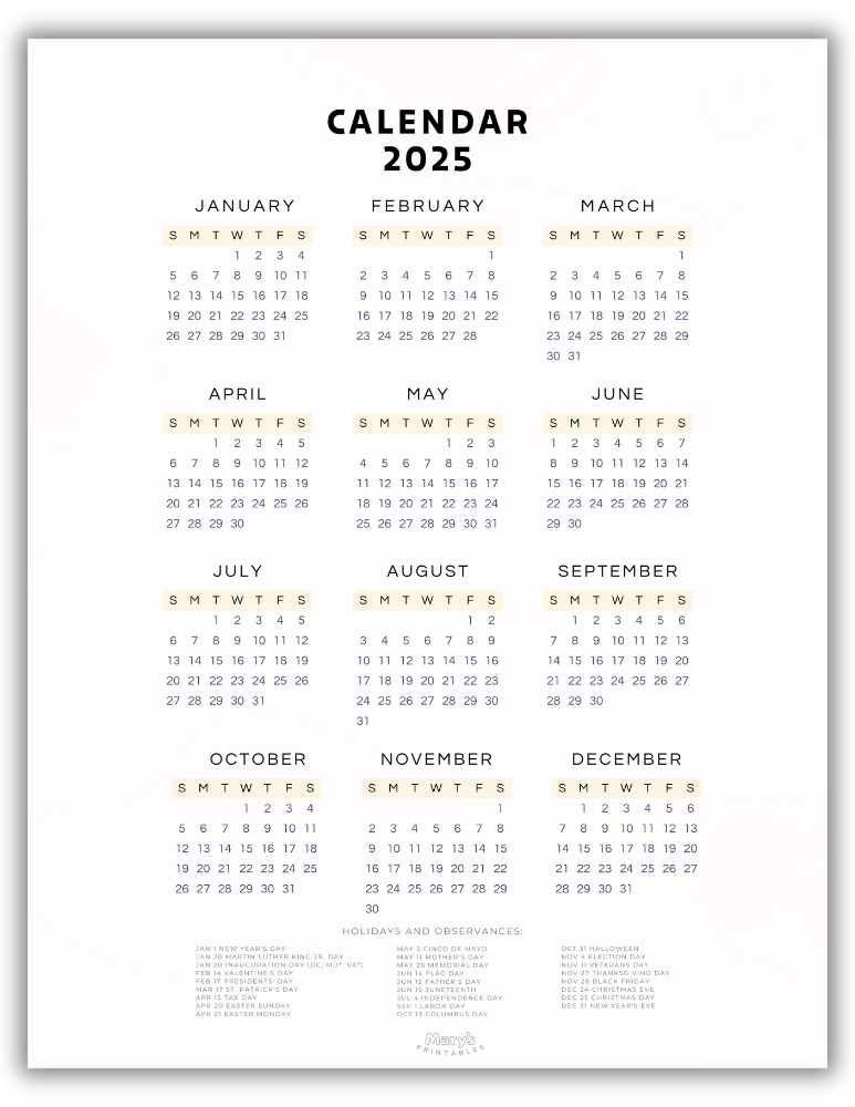 Simple Yellow Printable Full Year 2025 Calendar - Minimalist Style (With U.S. holidays)
