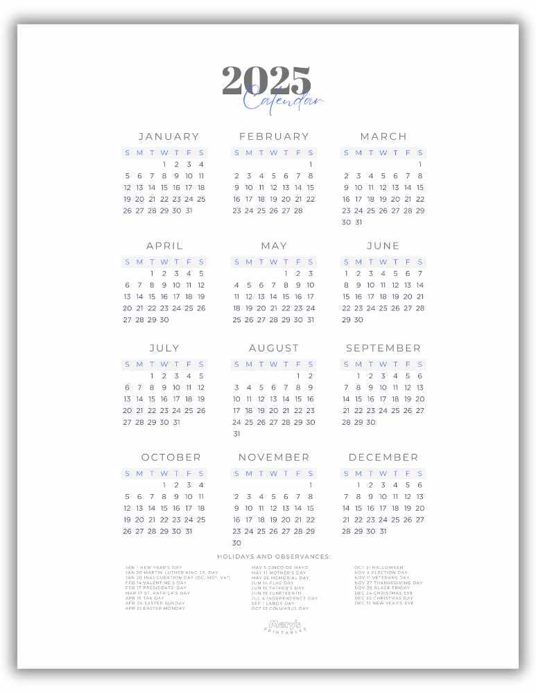 Printable Yearly Calendar 2025 - Classic Blue and Gray with US Holidays