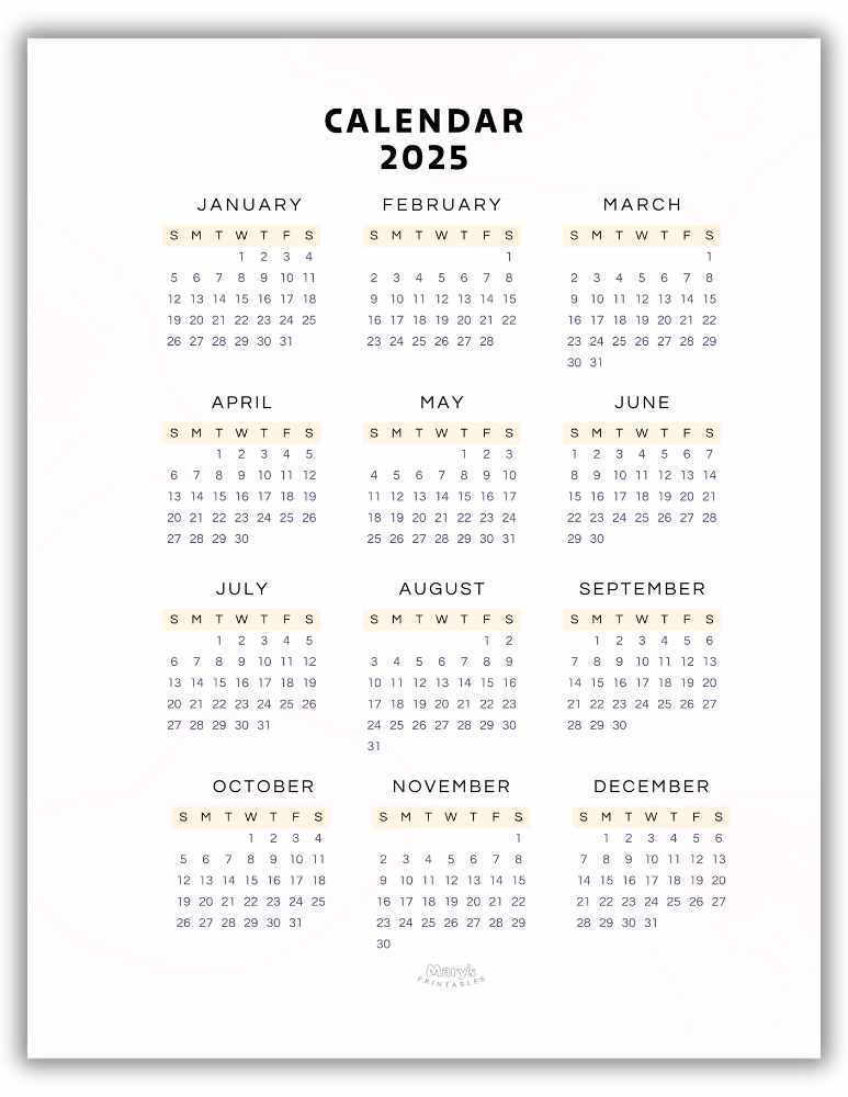 Yearly Calendar Printable- Yellow-Theme (Without holidays)
